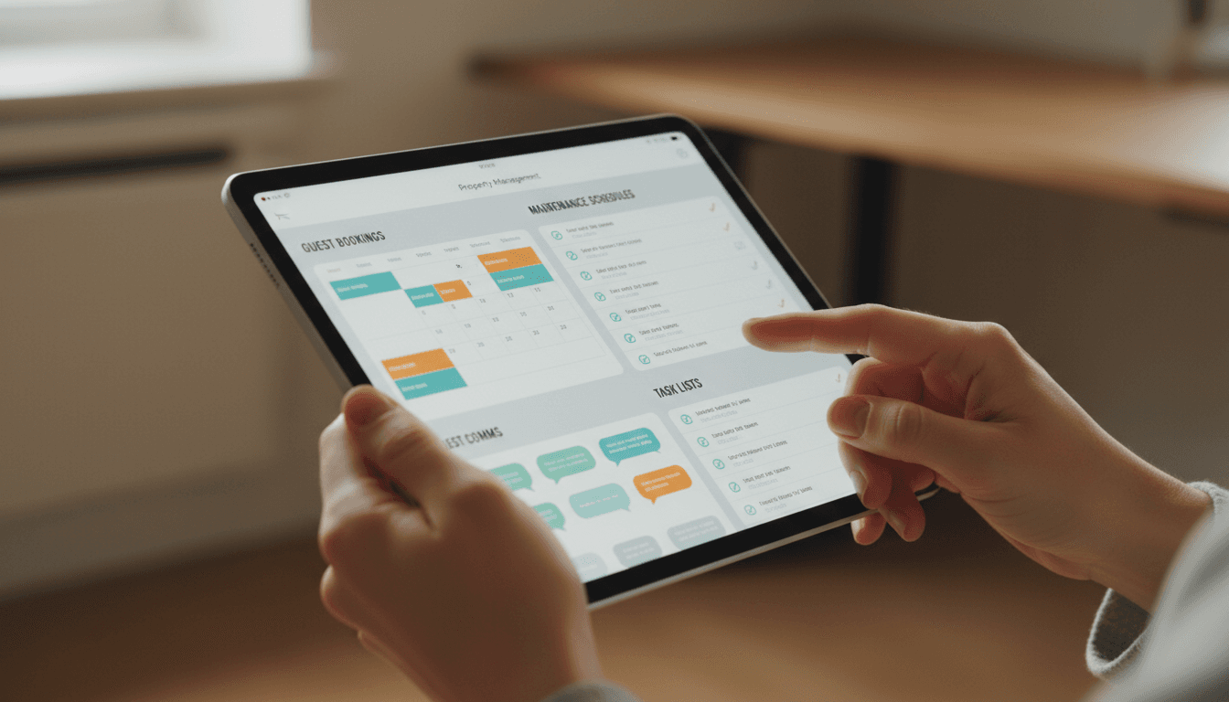 Property management tablet showing organized guest and maintenance schedules