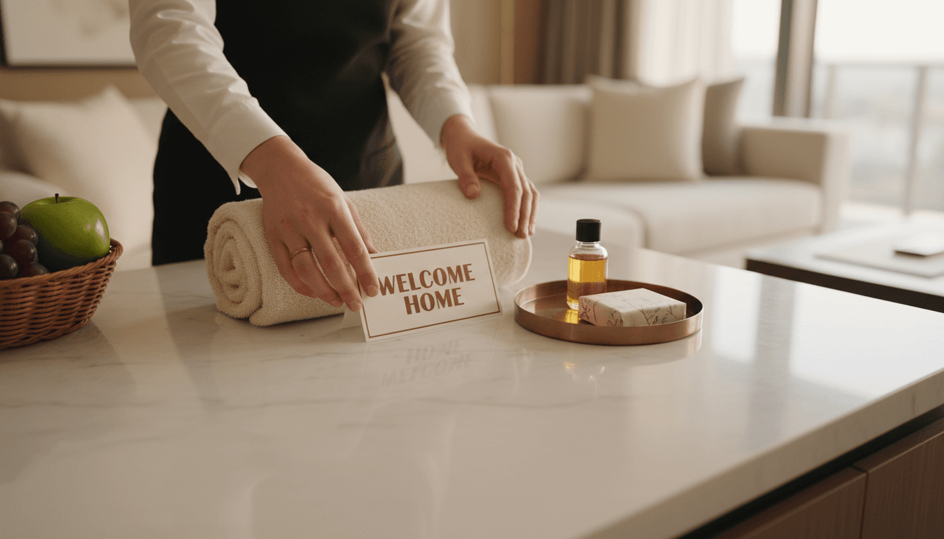 Concierge professional preparing premium guest welcome amenities