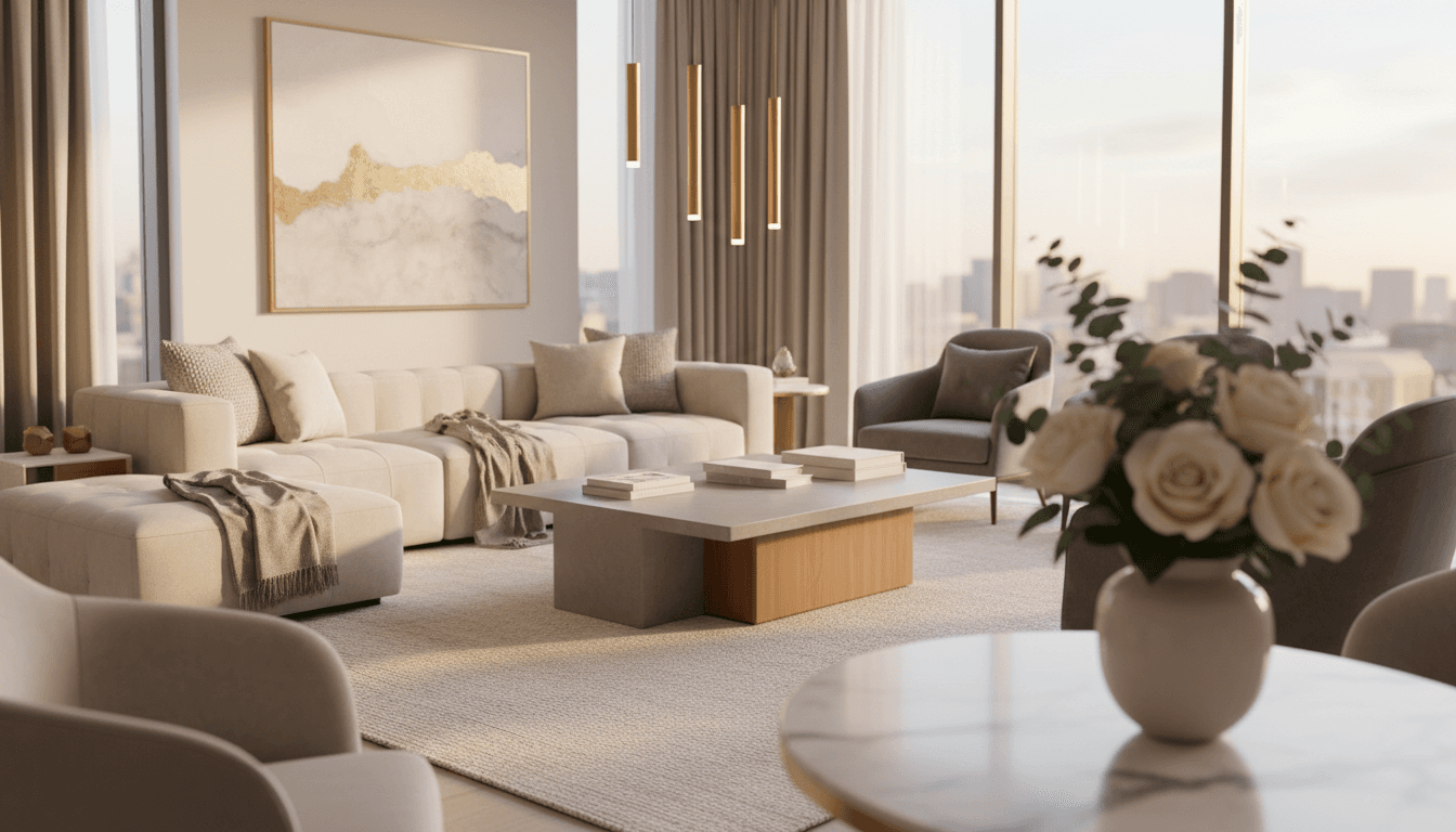 Modern serviced apartment living room with natural light and luxury furnishings