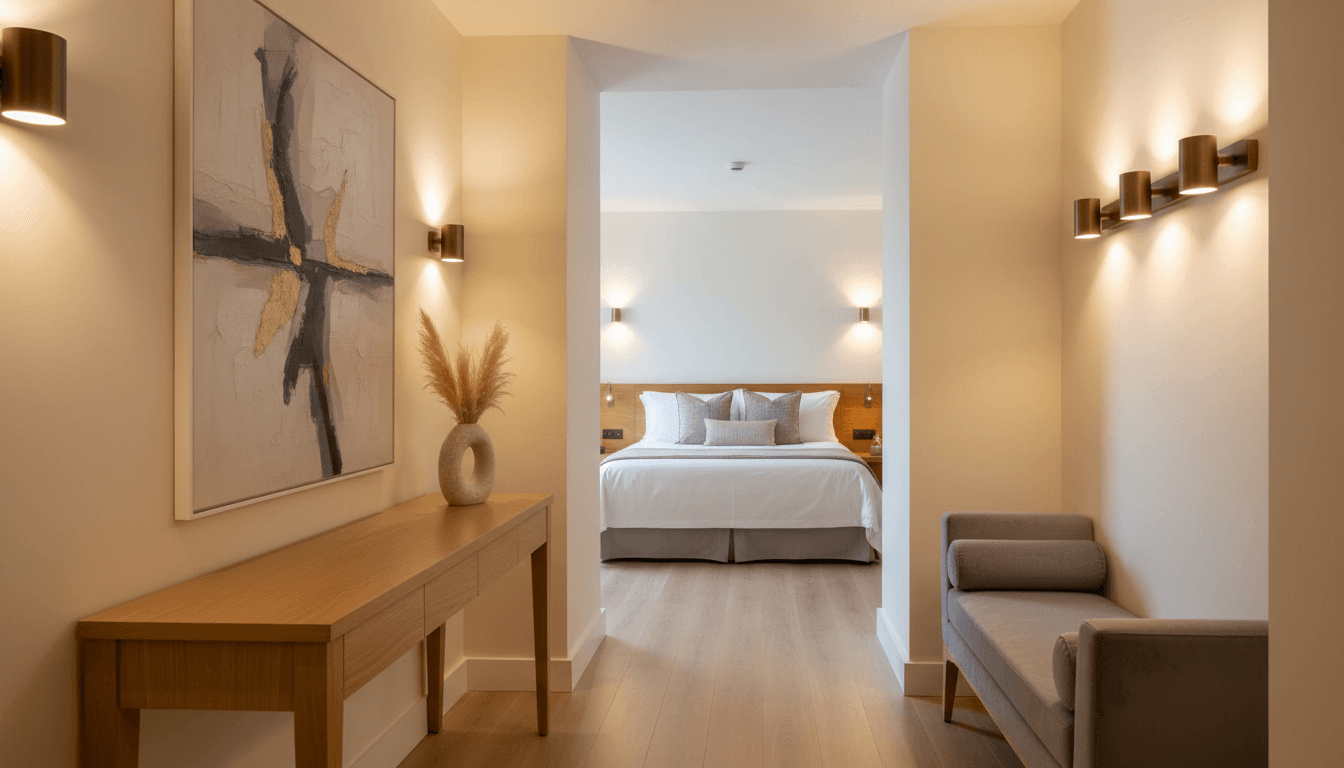 Modern serviced apartment hallway with elegant décor and warm lighting