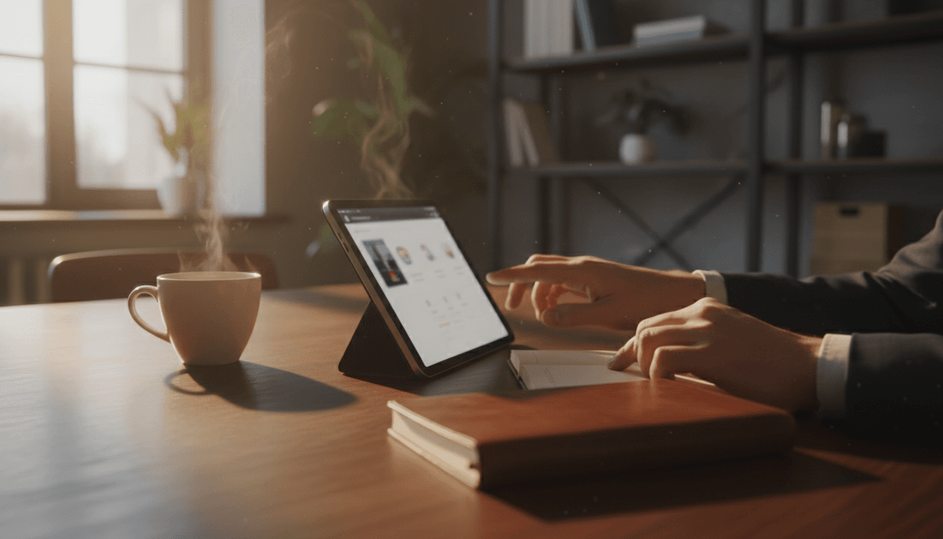 Professional property manager organizing tablet and notes at desk