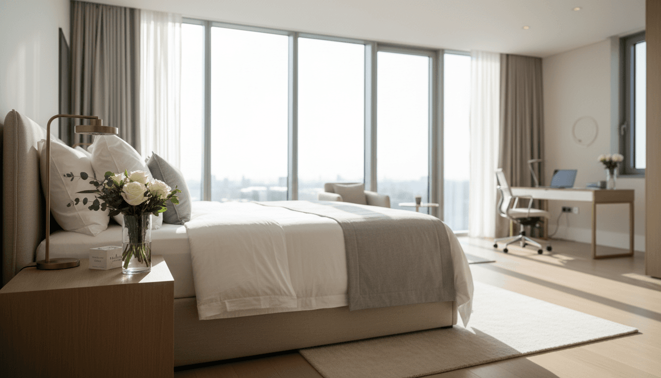 Modern serviced apartment bedroom with premium linens and guest amenities